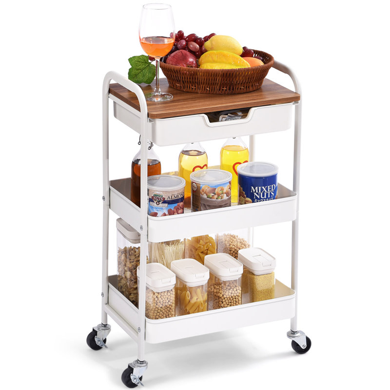3-Tier Metal Utility Rolling Cart with Drawer & Wooden Table Top, Storage Cart White Trolley Kitchen Organizer Rolling Desk with Locking Wheels for Office, Classroom, Dorm, Bedroom