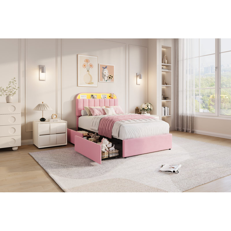 Structure de lit simple tapissier en velours avec tête de lit réglable, 2 tiroirs sous le lit, lumières à DEL RVB, support de lattes, aucun sommier requis, rose