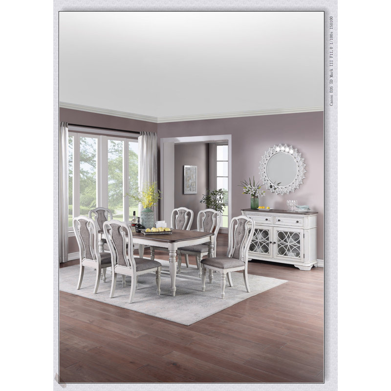 Ensemble de salle à manger 7 pièces de style transitionnel avec plateau en chêne et 6 chaises d'appoint rembourrées en blanc antique pour un repas élégant