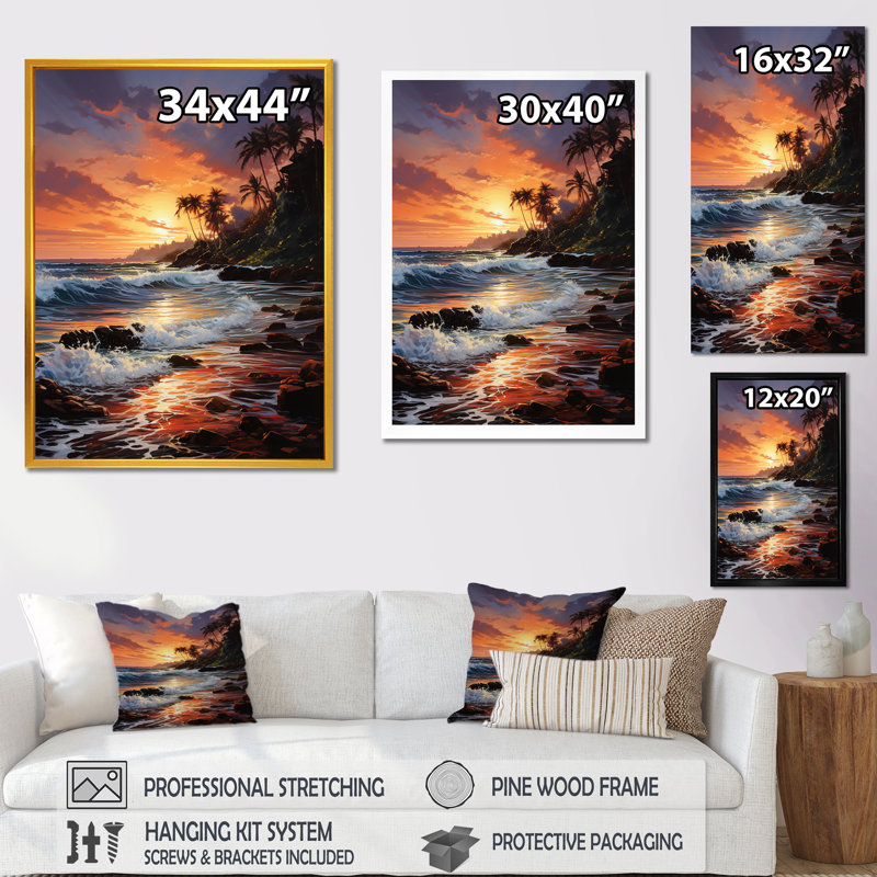 Dreamy Tropical Sunset, plage mexicaine - art mural plage, Cadre flottant brun, H 32 po x l 24 po x P 1 po