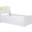 Lit plateforme simple avec lit gigogne, tête de lit à DEL et 3 tiroirs, blanc - bois pour rangement dans la chambre à coucher, tête de lit, tiroirs