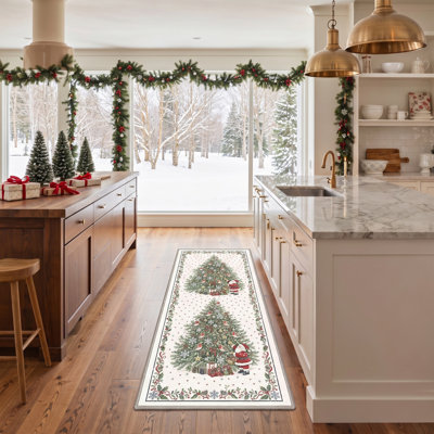 Tapis de couloir/cuisine vert ivoire lavable à la machine, motif sapin de Noël et Père Noël, avec envers antidérapant