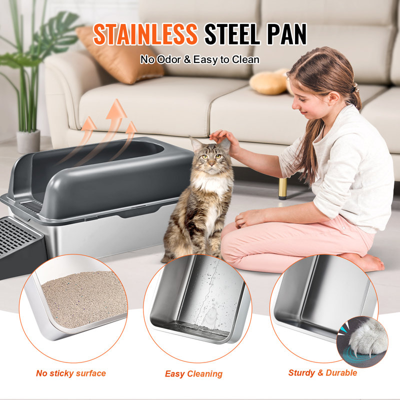 Extra Large Dark Gray Stainless Steel Covered Cat Litter Box with Scoop