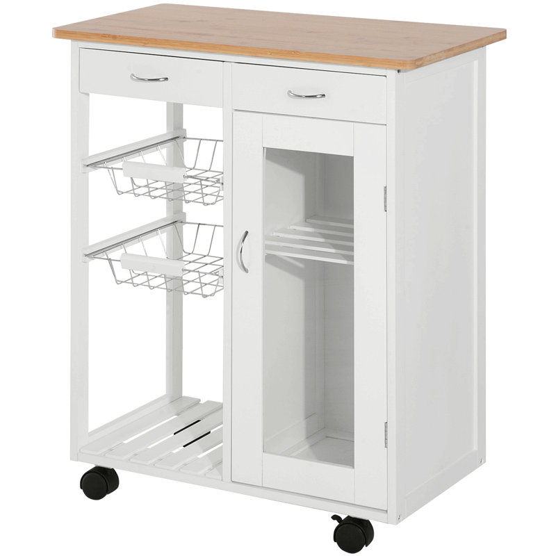 Îlot de cuisine 28 po avec rangement, chariot de cuisine avec plateau en bambou massif, panier grillagé, armoire de porte et tiroirs, blanc