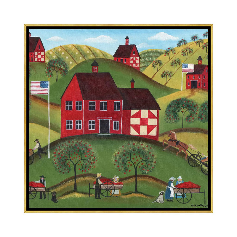 Primitive Americana Red Apple Barn par Cheryl Bartley - impression sur toile tendue, Cadre doré, H 12 po x l 12 po x P 1,5 po
