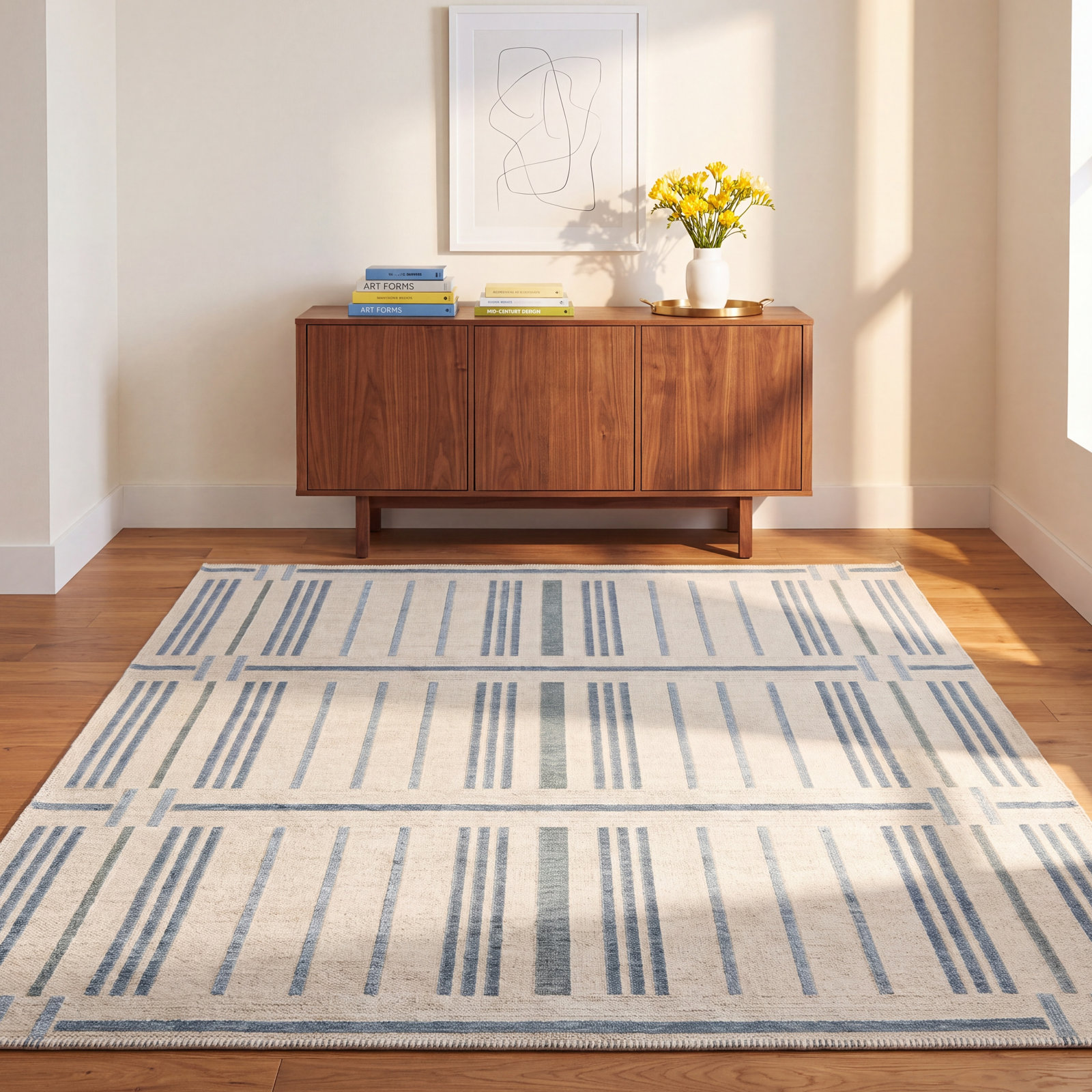 Claudina Blue Ivory Striped Rug, Rectangle 7'10" x 10'
