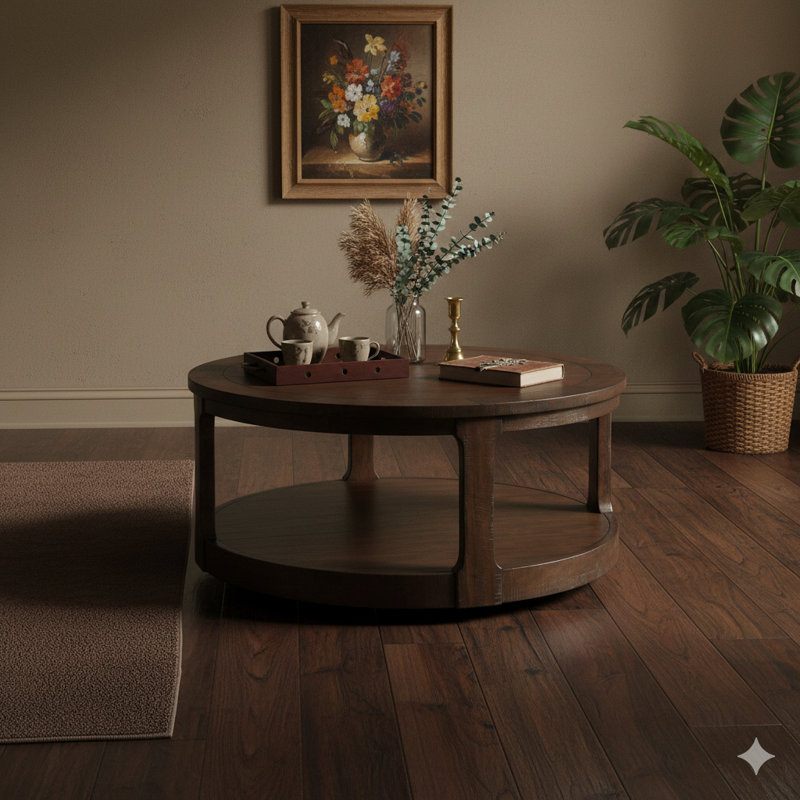 40-Inch Large Curved Two-Tier Traditional Round Wooden Centre Coffee Table, Mid-Century Rounded Design With Casters, Rustic Style Table For Living Room, Office, Apartment, Brown