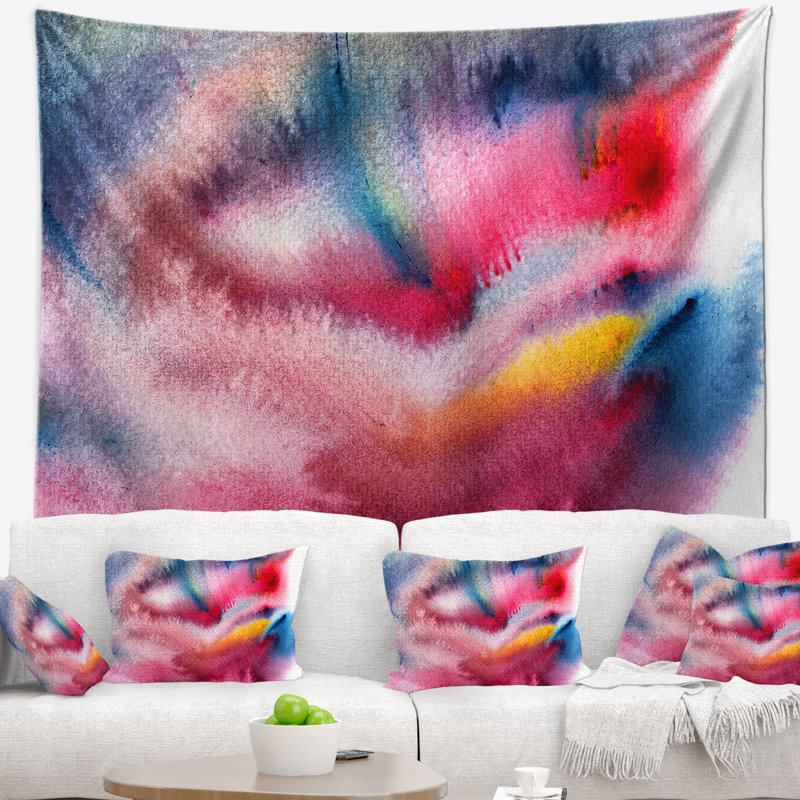 Tapisserie abstraite bleue et rouge de tache, H 32 po x l 39 po