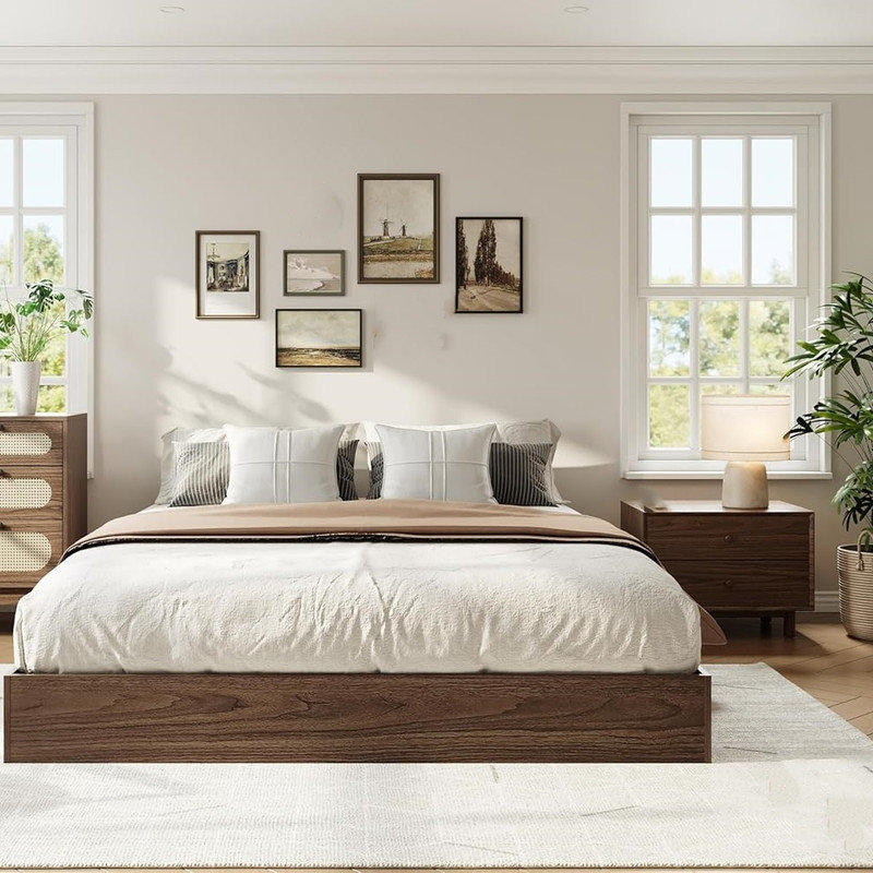 Base de lit plateforme en bois, base de lit en bois sans tête de lit, support de lattes en bois, Grand, Walnut Wood