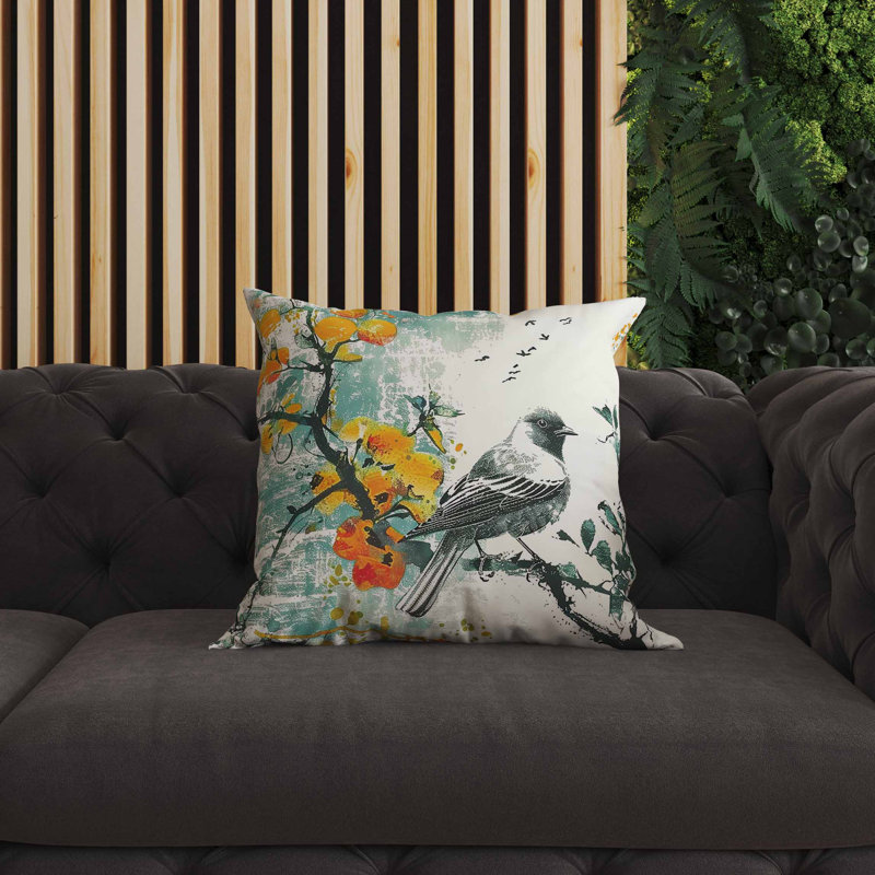Coussin intérieur / extérieur Winter Plum Song, Carré 16 po, Bleu / Blanc / Orange