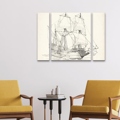3 Panel Wall Art Set - Richard Foust 'Antique Ship Sketch IV' Canvas Wall Art for Living Room, Bedroom, or Office Decor by 