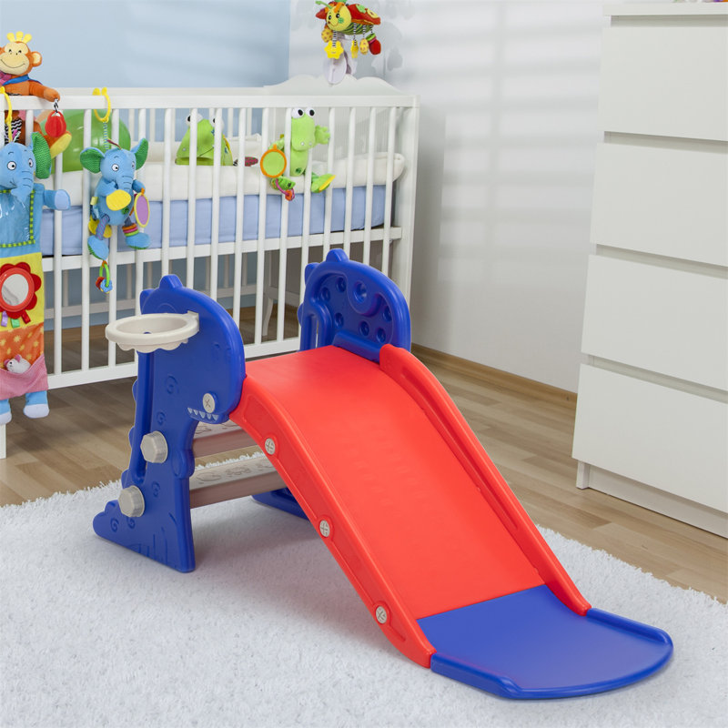 Glissoire 3-en-1 pliable pour tout-petits, grimpeur et panier de basketball pour jouer à l'extérieur à l'intérieur, rouge / bleu