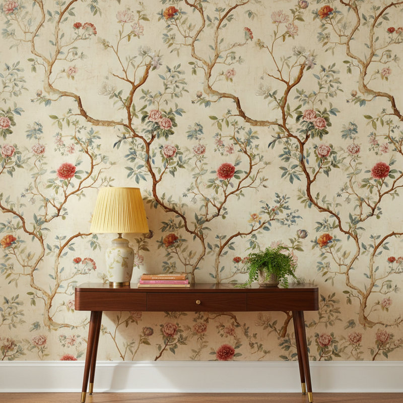 Papier peint floral rétro avec décoration murale beige classique