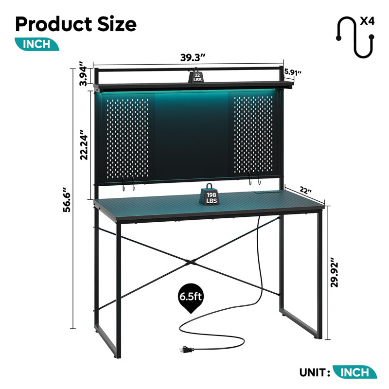 39'' Computer Desk With Hutch and Pegboard, Home office Desks with Power Outlet, Gaming Desks with LED Light and Hooks, Black