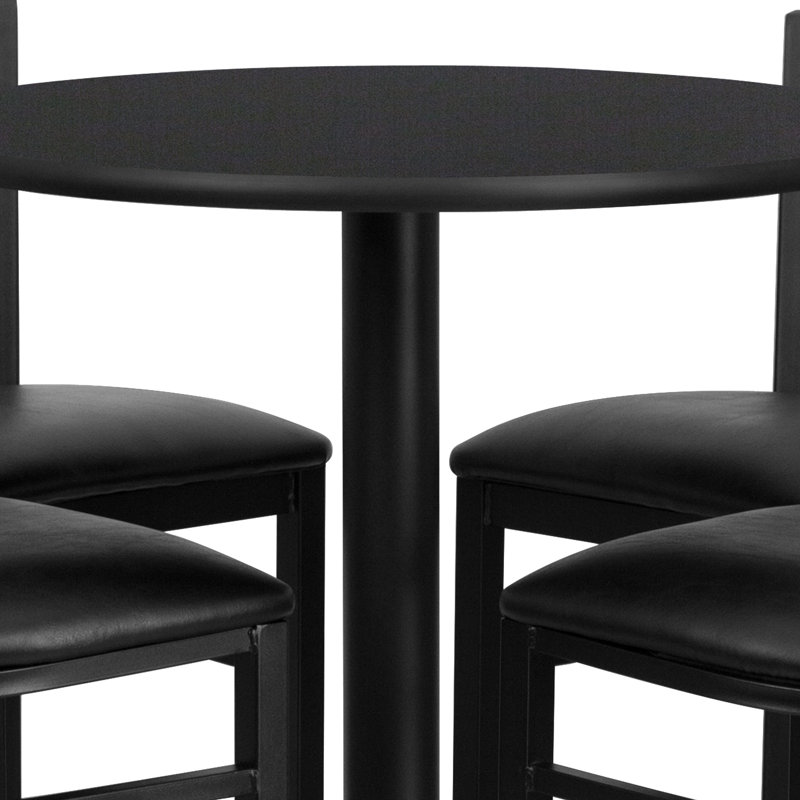 30'' Round Laminate Table Set with X-Base and 4 Ladder Back Metal Barstools, Black, Black