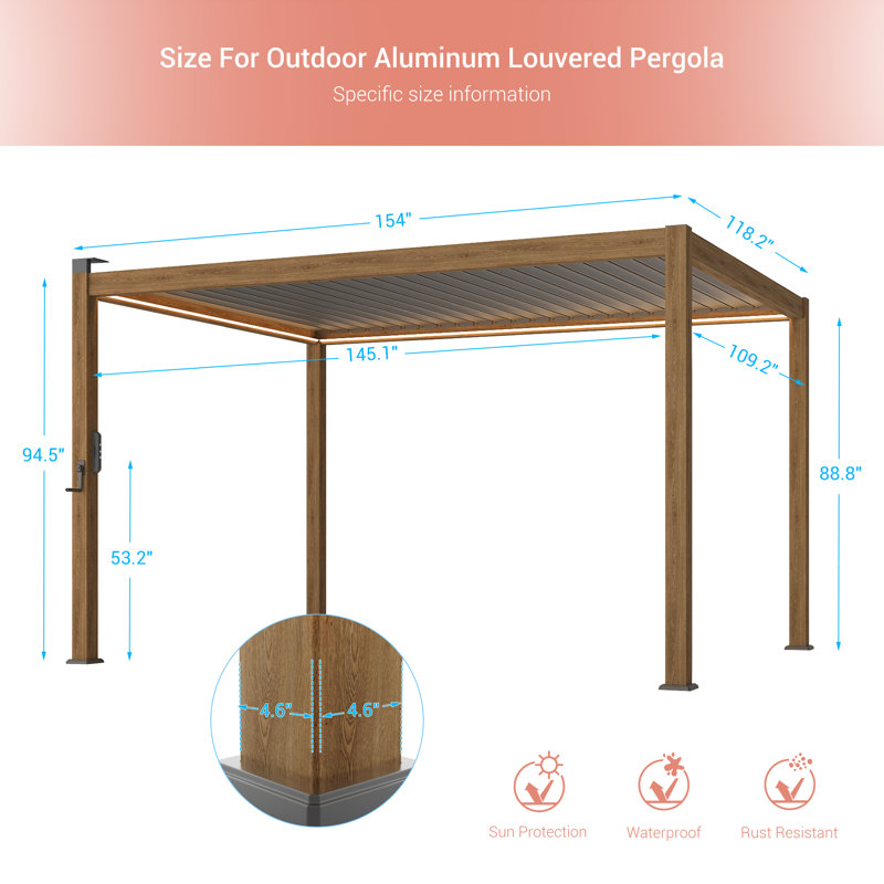 Aluminum Pergola with Solar Paneled LED Strings with Adjustable Louvered Roof, 13' W x 10' D, Wood Grain