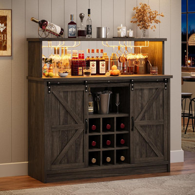 Farmhouse Coffee Bar with LED Lights, 47 inch Coffee Bar Cabinet with Storage, Wine Bar Cabinet with Wine and Glass Rack for Living, Dining Room, by Wrought Studio