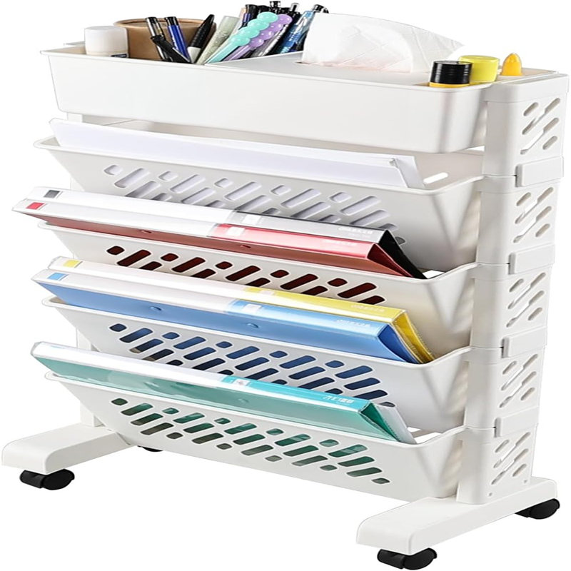Organisateur de bibliothèque mobile en plastique à 5 niveaux, bibliothèque mobile avec roulettes, blanc