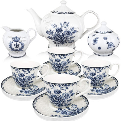 Service à thé en porcelaine avec théière, tasses et soucoupes, pot à crème et sucrier - Design élégant Blue Dream, va au lave-vaisselle et au micro-ondes, parfait pour les adultes et les cadeaux