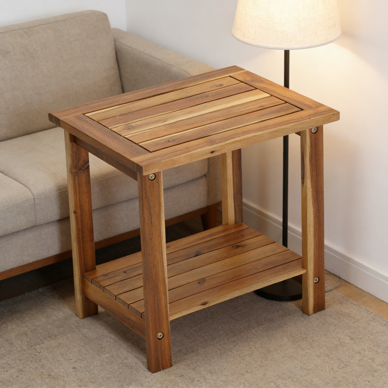 Table d'appoint à 2 niveaux Adirondack, table de bout en bois d'acacia massif avec finition résistante aux intempéries pour une utilisation extérieure et intérieure, conception rectangulaire rustique pour le patio, le jardin, le porche ou le salon