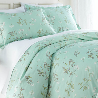 Southshore Fine Linens Myosotis Floral Duvet Cover Set, 100% Cotton 300 Thread Count Sateen with Button Closure and Corner Ties, King / Cal King, Green