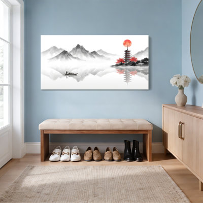 Tableau sur toile tendue représentant un paysage japonais avec une pagode et une lune rouge (ensemble de 1)