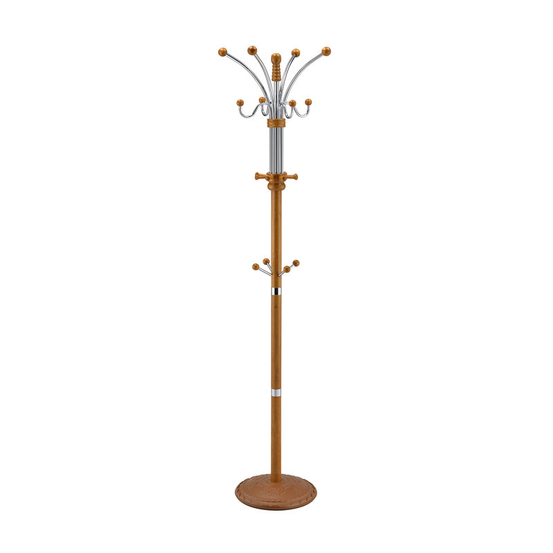 73" Tall Chrome And Wood Coat Rack, Oak