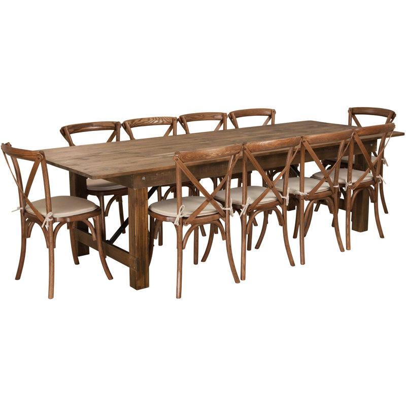 Aylar Rustic Folding Farm Table Set with Cross Back Chairs and Cushions, 9 Pieces: Table, 8 Chairs, 30" H x 40" W x 96" L