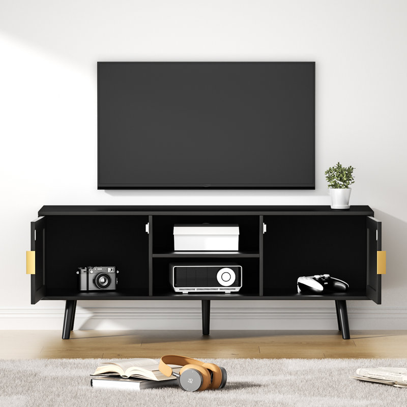 Meuble télé noir jusqu'à 55 po avec console de rangement en rotin pour téléviseur
