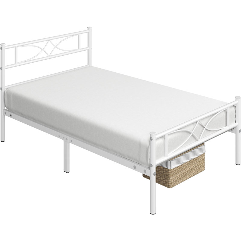 Simple Metal Bed Frame with Curved Design Headboard and Footboard, Single (3'), White