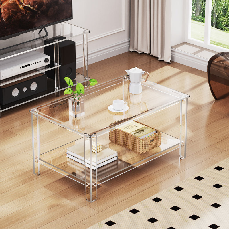 Acrylic Coffee Table With Storage Shelf,rectangle Living Room, Clear