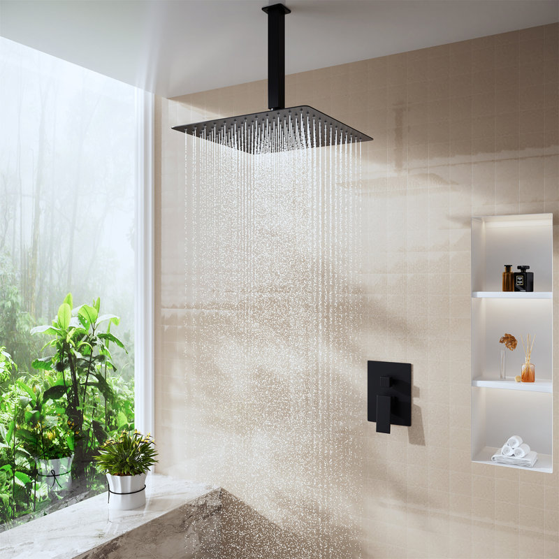 Bras de douche carré en acier inoxydable 7,88 po avec bride pour douche à pluie, Noir mat