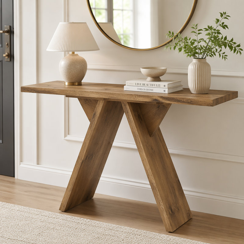 Console Mid-Century avec base en V, Bois naturel, Bois naturel, Bois naturel