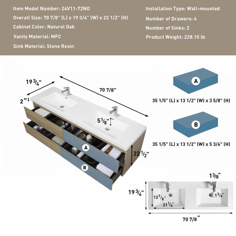 Meuble-lavabo flottant 72 po avec lavabo 72 po, Chêne