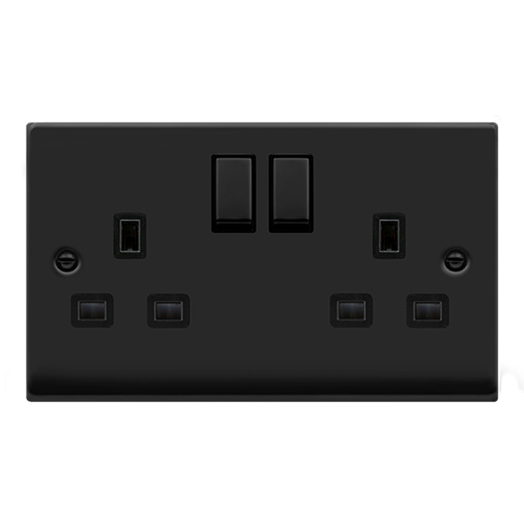 Matt Black 2 Gang 13A DP Ingot Twin Double Switched Plug Socket