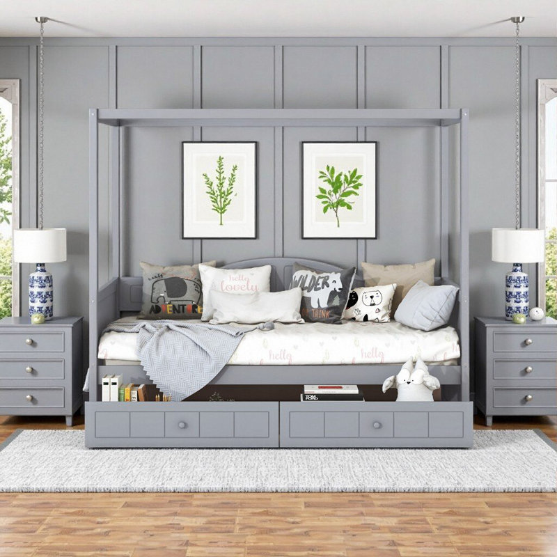 Lit de jour à baldaquin gris avec tiroirs de rangement - Structure en bois moderne et peu encombrante, Gris