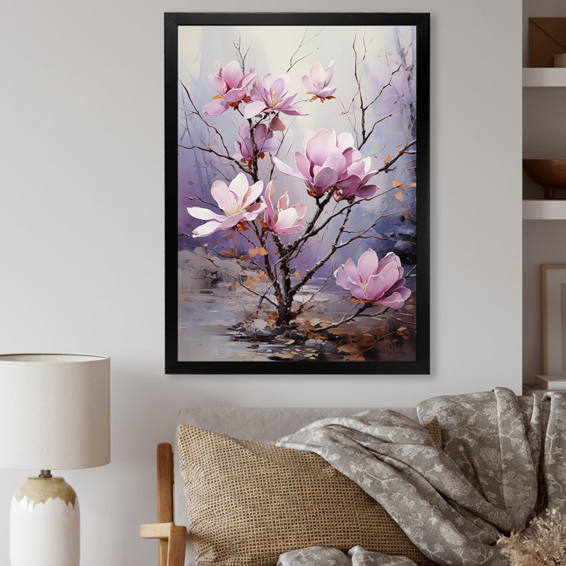 «Whispered Pink Magnolias Serenade», reproduction sur toile, Cadre simple noir, H 32 po x l 16 po x P 1 po