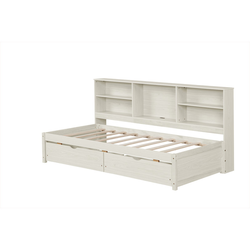 Twin Size Bed Frame With Side Bookshelves, Two Drawers, And Built-In USB Port, Creamy White