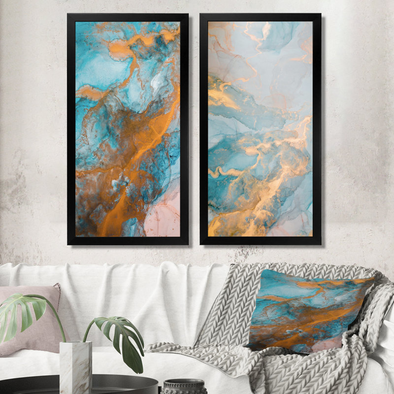 «Luxury Turquoise and Gold Marble Flow Art», ensemble de 2 impressions sur toile, H 40 po x l 40 po x P 1 po