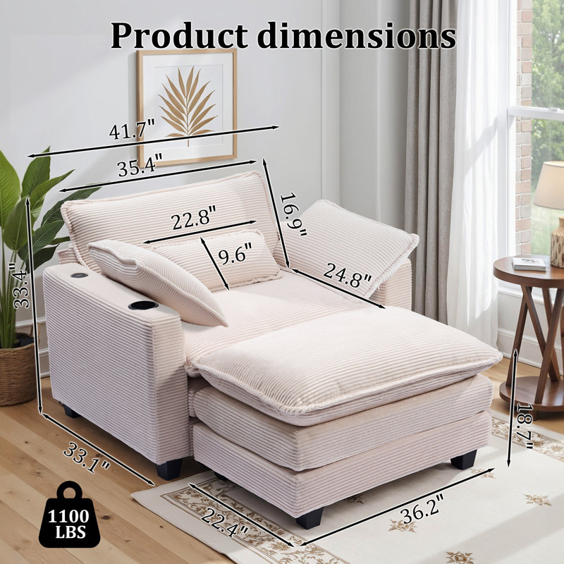 Corduroy Oversized Chair with Ottoman - 40" Wide Comfy Lounge Armchair with USB Ports & Cup Holders | Deep-Seat Upholstered Single Sofa for Living Room, Office & Bedroom