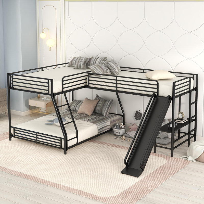L Shape Triple Bunk Bed With Slide