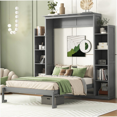 Full Function Murphy Bed With Shelves And LED Lights, Ideal For Saving Space In Multi - Use Rooms Like Guest Rooms, Offices And Gyms