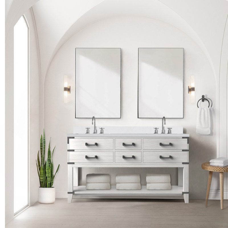 Meuble-lavabo double en chêne blanc 60 po X P 22 po D, avec plateau en marbre de culture, H 34,12 po x l 60 po x P 22 po