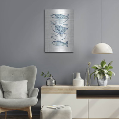 Art mural en métal Highland Dunes «Driftwood Blue Fish 2» par Mercedes Lopez Charro