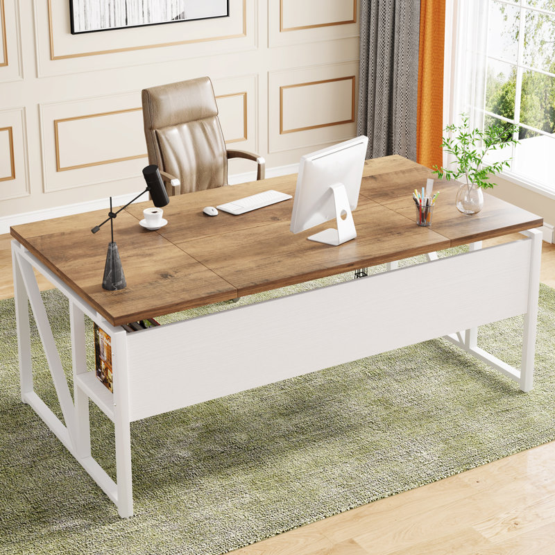 63-Inch Moden Compute Desk With Storage Shelf ,Home Office Desk Writing Table For Workstation, Beige, White