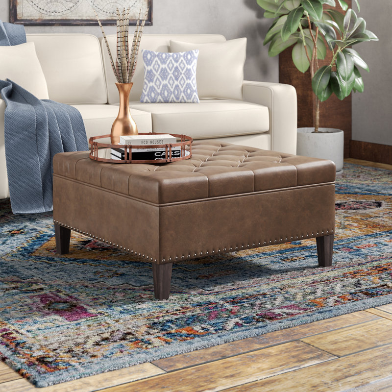 Lindsey 35.5" Wide Tufted Square Cocktail Ottoman, Brown, Faux Leather, Expresso