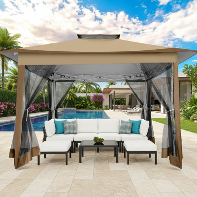 12x12 Gazebo Outdoor Pop-up Canopy with Mosquito Netting 2-Tiered Vented Top 3 Adjustable Height for Backyard, Garden, Lawn