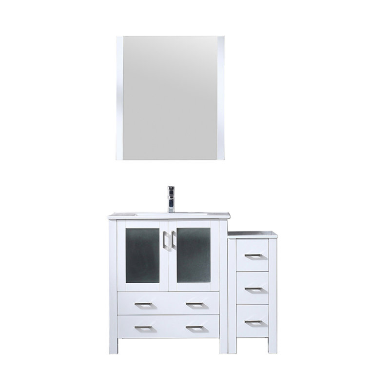 Meuble-lavabo en céramique blanche de 107 cm (42 po), armoire latérale, robinet, miroir de 71 cm (28 po) - Résistant aux égratignures et aux taches sur le dessus blanc et les ébréchures