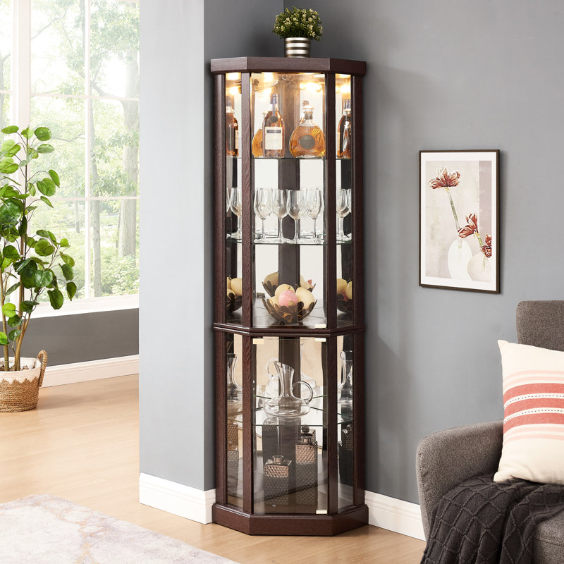 Elegant Dark Cherry Curio - Display Your Treasures Brightly Bar Storage Shelf Cherry, Lighted, Adjustable Shelves, 69.23 In. Height