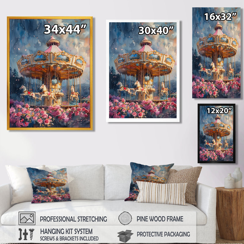Carrousel de cheval de conte de fées rose et bleu, Toile encadrée blanche avec une seule photo, H 32 po x l 16 po x P 1 po